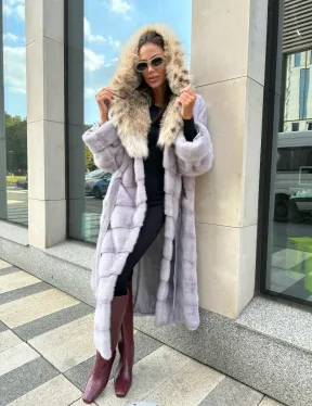 норковая шуба с капюшоном из меха рыси цвет серый сапфир