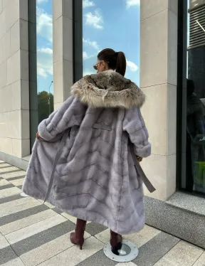 норковая шуба с капюшоном из меха рыси цвет серый сапфир