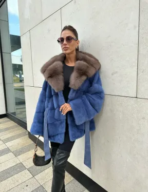 Норковое манто с капюшоном из куницы - цвет васильковый