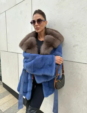 Норковое манто с капюшоном из куницы - цвет васильковый
