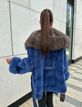 Норковое манто с капюшоном из куницы - цвет васильковый