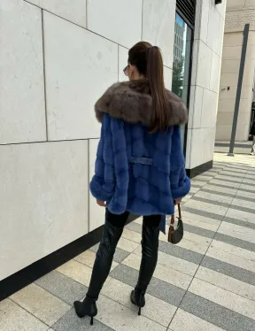 Норковое манто с капюшоном из куницы - цвет васильковый