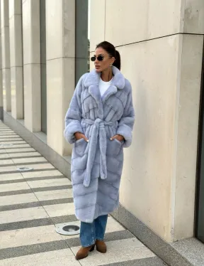 Голубая шуба из плюшевой норки, английский воротник