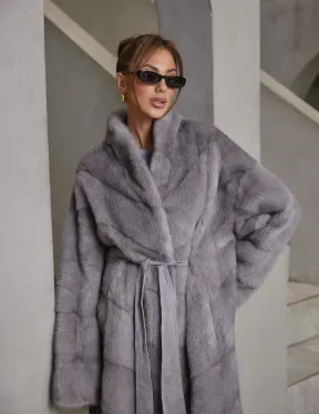 Стильная норковая шуба воротник отворот - цвет дымчато-серый