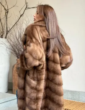 Стильное пальто из меха соболиной норки - цвет соболь