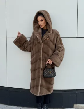 Женская норковая шуба NAFA MINK с капюшоном - цвет пастель