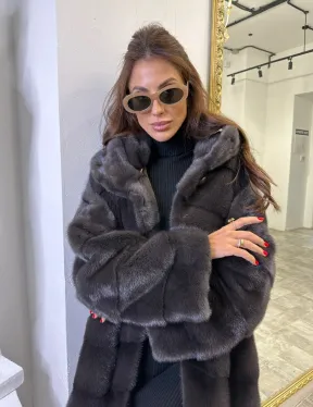 Норковая шуба в цвете графитовый уголь с капюшоном
