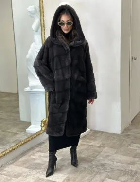 Норковая шуба в цвете графитовый уголь с капюшоном