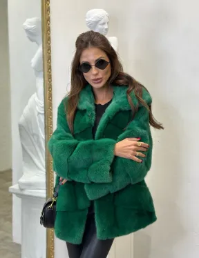Норковый полушубок с капюшоном - цвет изумруд