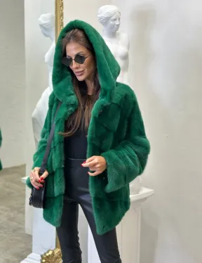 Норковый полушубок с капюшоном - цвет изумруд