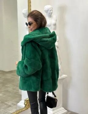 Норковый полушубок с капюшоном - цвет изумруд