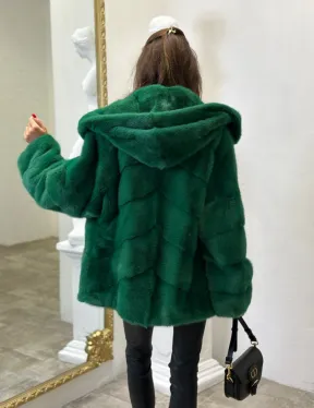 Норковый полушубок с капюшоном - цвет изумруд