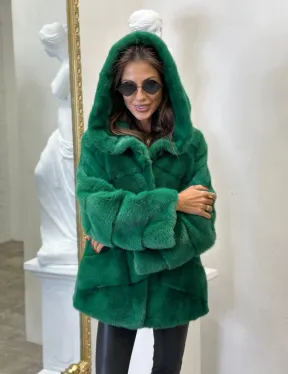 Норковый полушубок с капюшоном - цвет изумруд