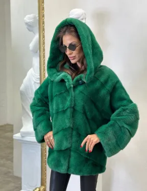 Норковый полушубок с капюшоном - цвет изумруд