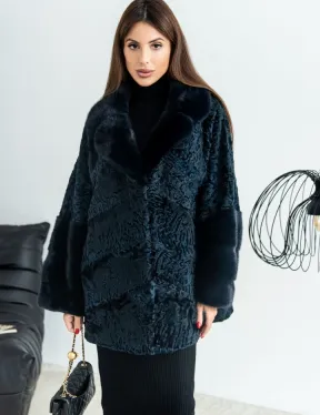 Полушубок из каракульчи свободного кроя с отделкой из меха норки - цвет темно-синий