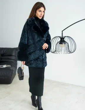 Полушубок из каракульчи свободного кроя с отделкой из меха норки - цвет темно-синий