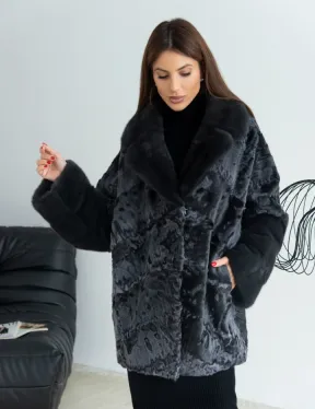 Графит полушубок из каракульчи с отделкой из меха норки