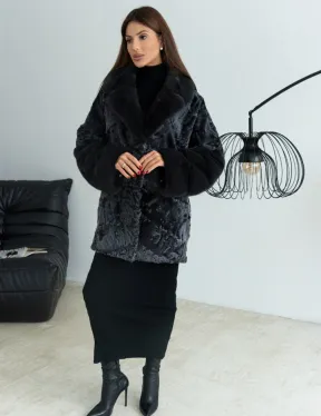 Графит полушубок из каракульчи с отделкой из меха норки