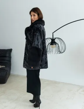 Графит полушубок из каракульчи с отделкой из меха норки