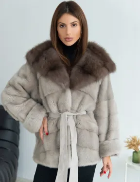 Норковое пончо с капюшоном куница светло-серого цвета