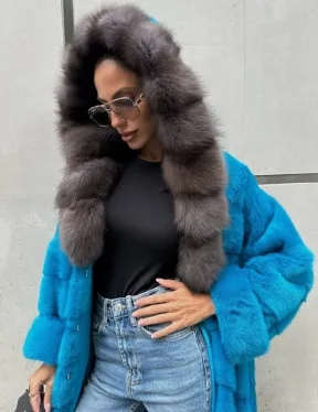 Шуба норковая с капюшоном из меха куницы - цвет тиффани