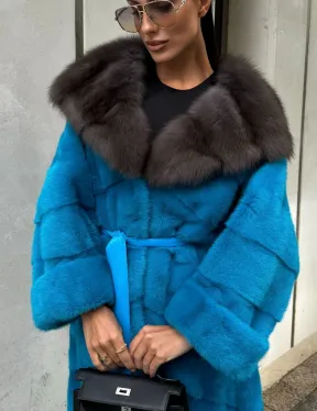 Шуба норковая с капюшоном из меха куницы - цвет тиффани