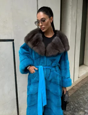 Шуба норковая с капюшоном из меха куницы - цвет тиффани