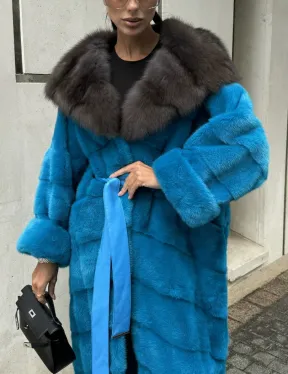 Шуба норковая с капюшоном из меха куницы - цвет тиффани