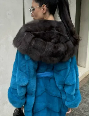 Шуба норковая с капюшоном из меха куницы - цвет тиффани