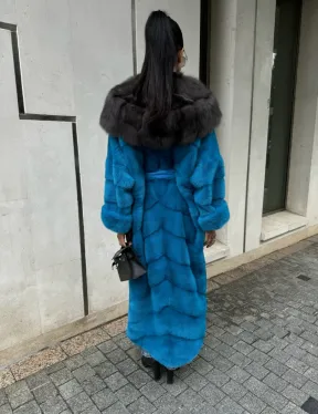 Шуба норковая с капюшоном из меха куницы - цвет тиффани