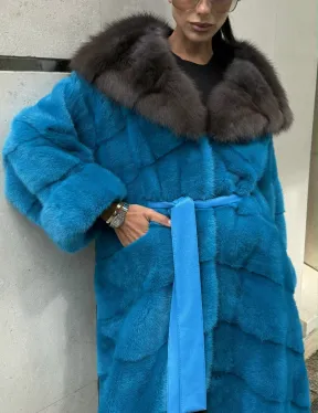 Шуба норковая с капюшоном из меха куницы - цвет тиффани