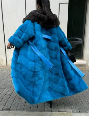 Шуба норковая с капюшоном из меха куницы - цвет тиффани