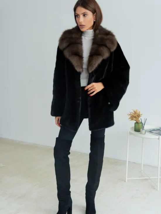 Норковая шуба Blackglama, английский воротник из меха куницы