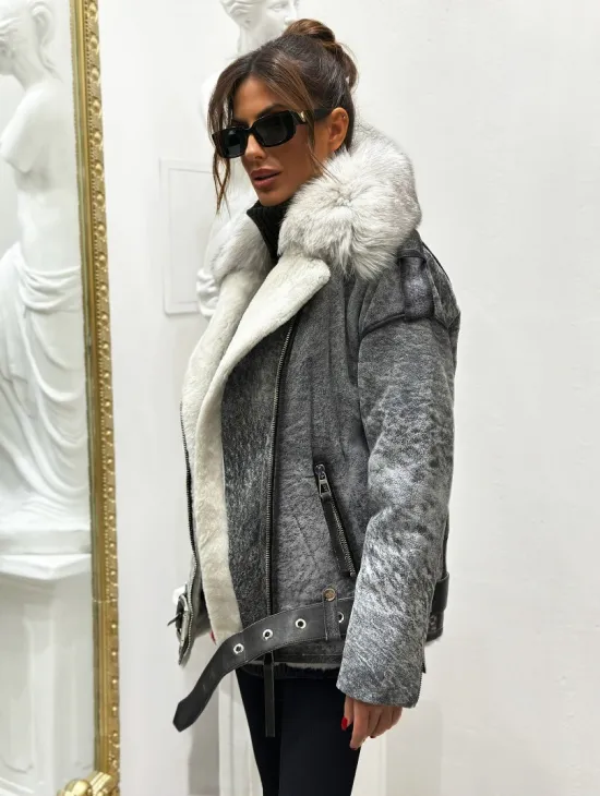 Дубленка из натуральной овчины - цвет серый