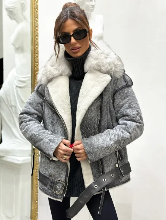 Дубленка из натуральной овчины - цвет серый