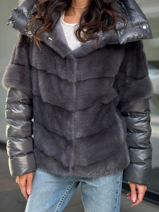 Норковый пуховик/жилет 2в1 - светлый графит