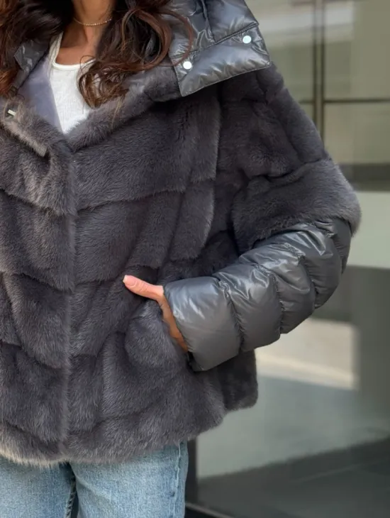 Норковый пуховик/жилет 2в1 - светлый графит