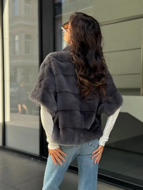 Норковый пуховик/жилет 2в1 - светлый графит