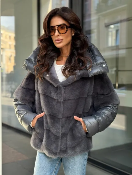 Норковый пуховик/жилет 2в1 - светлый графит