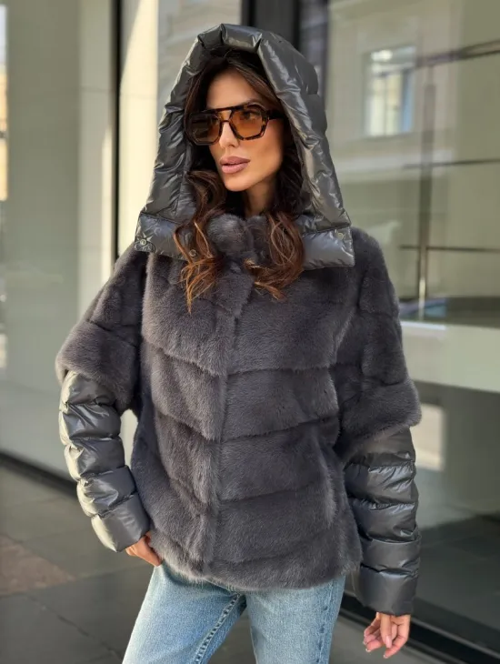 Норковый пуховик/жилет 2в1 - светлый графит