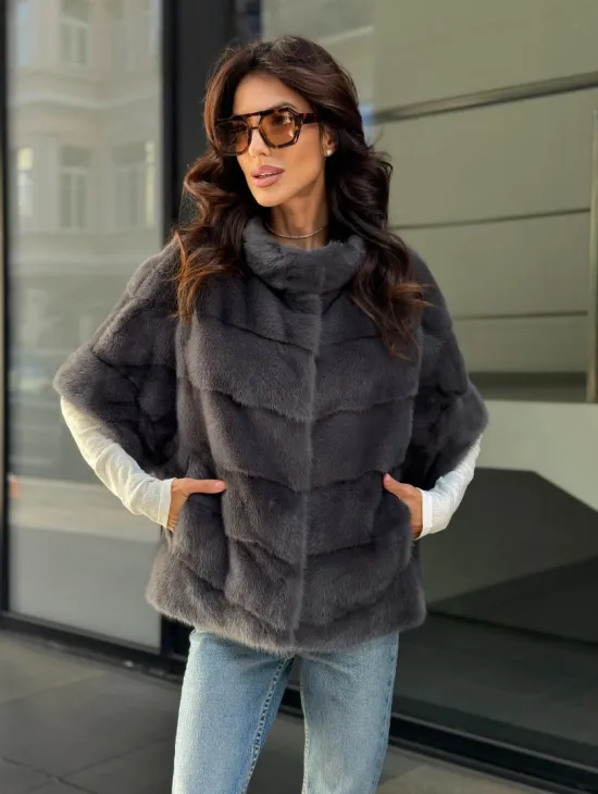 Норковый пуховик/жилет 2в1 - светлый графит