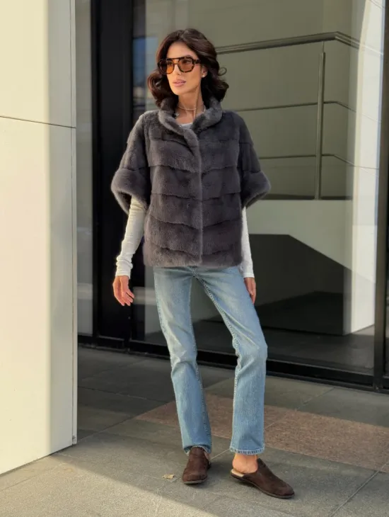 Норковый пуховик/жилет 2в1 - светлый графит