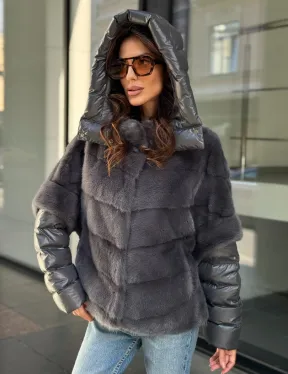 Норковый пуховик/жилет 2в1 - светлый графит