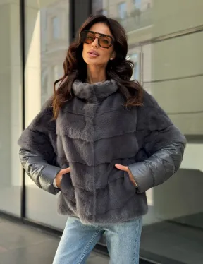 Норковый пуховик/жилет 2в1 - светлый графит