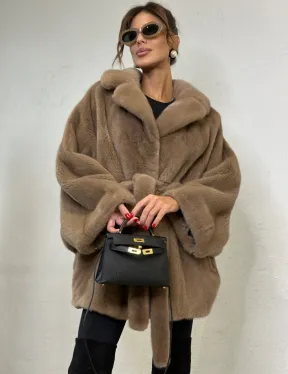 Шуба летучая мышь мех VELVET английский воротник - цвет палевый