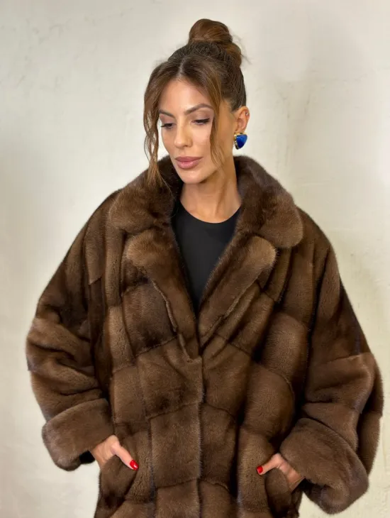 Шуба из аукционной норки английский воротник - цвет орех