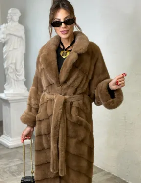 Длинная шуба карамель кимоно мех NAFA