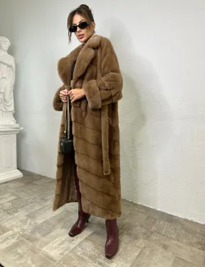 Длинная шуба карамель кимоно мех NAFA