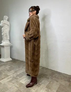 Длинная шуба карамель кимоно мех NAFA