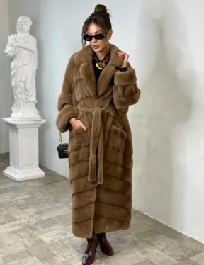 Длинная шуба карамель кимоно мех NAFA